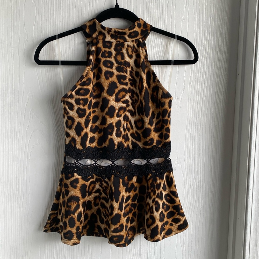 Leopard Print Peplum High Neck Top